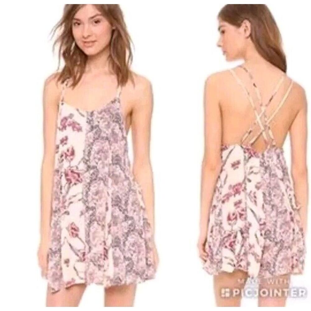 Free People Romper Womens Small Trapeze Bohemian Rayon Strappy Back Lace Up Side